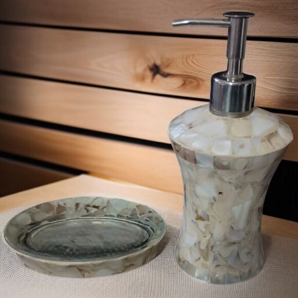 Capiz Shell Mosaic Soap Dispenser Set Of 2 Dish Mother Of Pearl Glass Bathroom.  - Picture 16 of 16